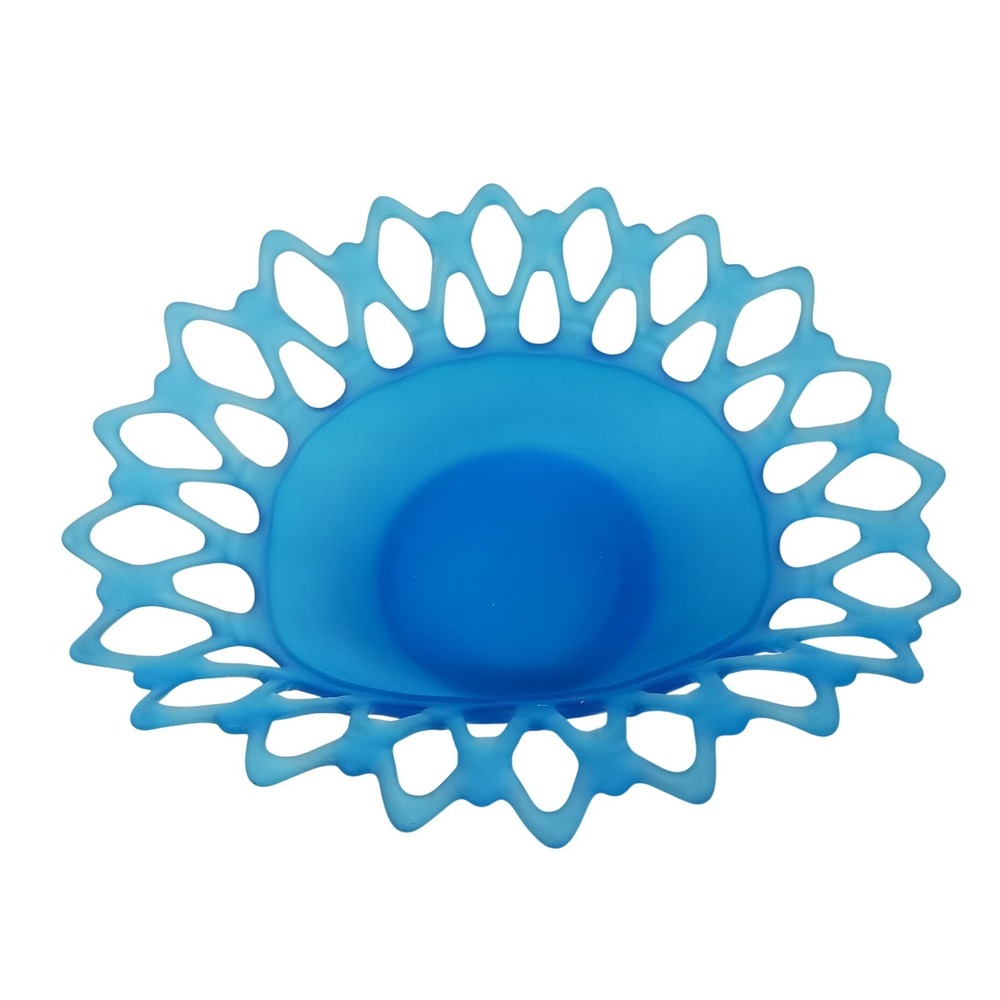 Westmoreland‎ Glass Bowl Vintage Blue Satin Frosted Doric Lace Open Work 10"